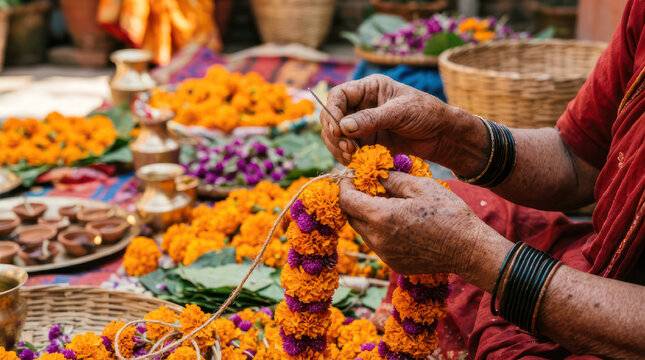 Womans Hands Crafting Marigold Flower Garlands for Festival.