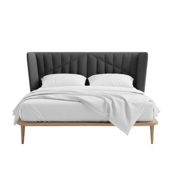 A modern bed featuring a charcoal grey geometric pleated headboard and thin wooden frame, dressed in crisp white linens, isolated on a white studio background, conveying minimalist luxury