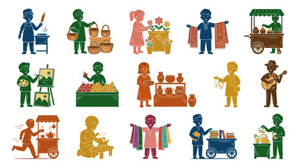Fototapeta premium Stylized Flat Vector Collection of Professions: Local Market Vendors, Artisans, Small Business Workers