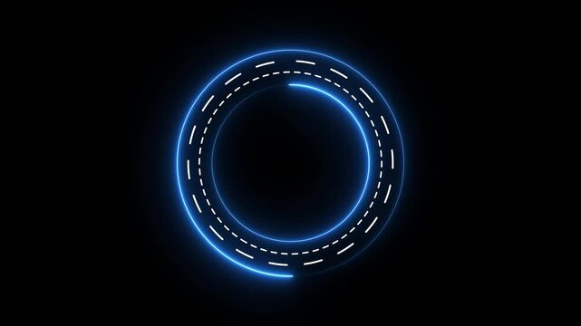 Futuristic neon blue circular hud with animated dashes on black background, abstract animation circle Motion graphic 4k animation video.