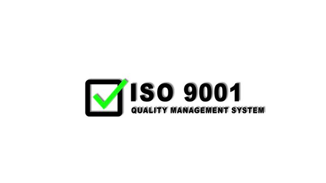 Minimal ISO 9001 Quality Management System certification banner featuring a white checkmark inside a square icon with bold ISO 9001 text.