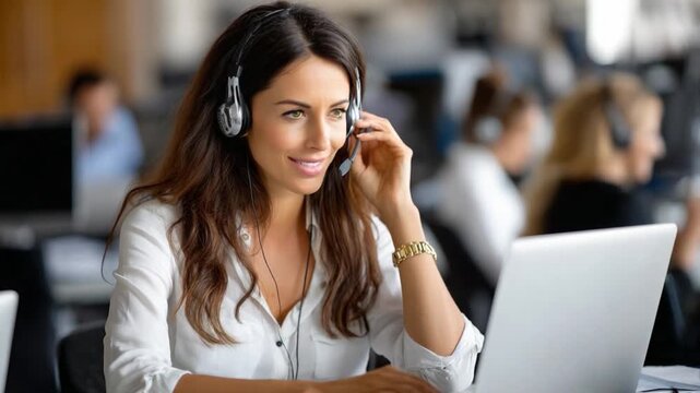Customer Service Representative: A friendly female customer service representative wearing a headset is actively engaged with a client, her laptop open in front of her in a modern office setting.