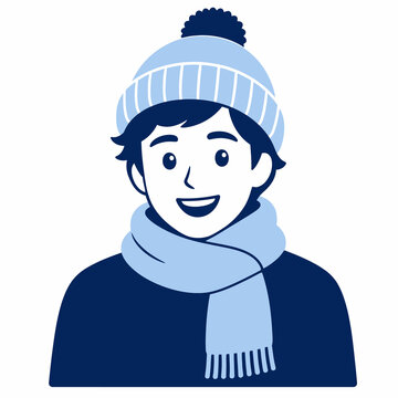Portrait of young person wearing warm winter beanie hat and cozy scarf in blue design.