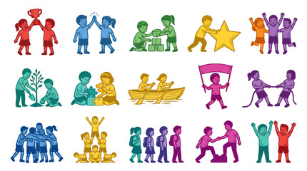 Obraz premium Childhood Teamwork Education Flat Line Art Illustrations. Kids Collaborating, Playing Learning