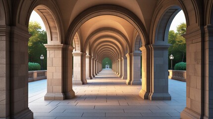 Fototapeta premium Classical European stone archway corridor with columns, symmetrical architectural arcade in warm daylight, 3D rendering