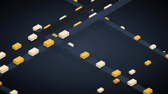 Industrial conveyor belts transport cubes in an endless isometric matrix