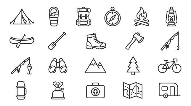 Camping and outdoor adventure line icon collection.