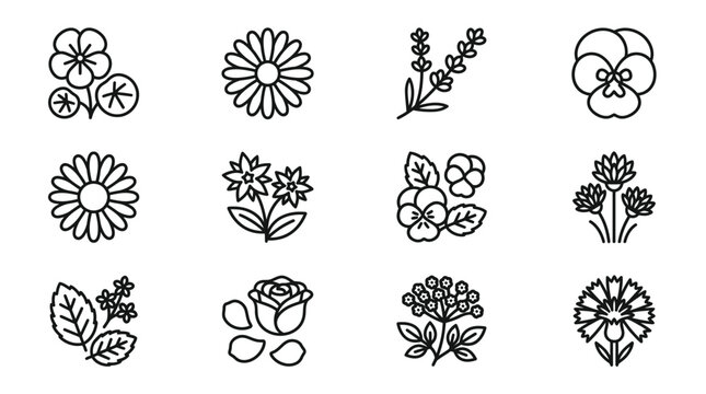 Collection of Outline Flower Icons: Daisy, Rose, Pansy, Lavender, and More - Vector Set