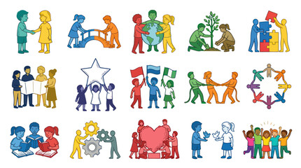 Naklejka premium Diverse People Collaborating, Teamwork, Unity, Global Connection, Stock Icons