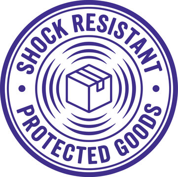 Shock resistant protected goods stamp with cardboard box icon and sound waves circle emblem.