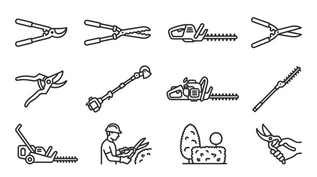 Gardening Tools Icons: Pruners, Hedge Trimmers, Chainsaw, Lawn Mower, Gardener