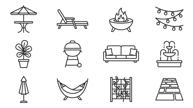 Outdoor Living Icons: Patio Furniture, Grill, Hammock, Fire Pit, Fountain, Lights