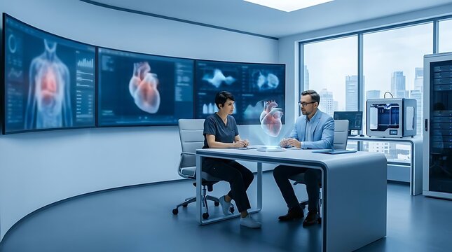 Medical professionals reviewing digital heart scan data on large screens