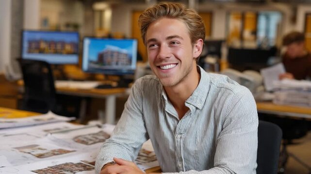 Young Architect at Work: A smiling young architect, surrounded by blueprints and computer monitors displaying building designs, looks confidently towards the camera in a modern office setting.