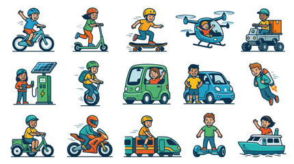 Fototapeta premium Flat Style Vector Icons of People Riding Various Transportation - Eco Friendly