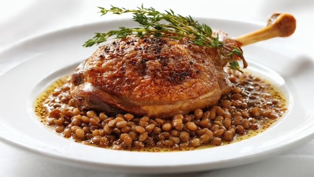 Elegantly presented classic duck confit with crispy skin, nestled on a bed of savory brown lentils and aromatic fresh thyme, a refined gourmet meal