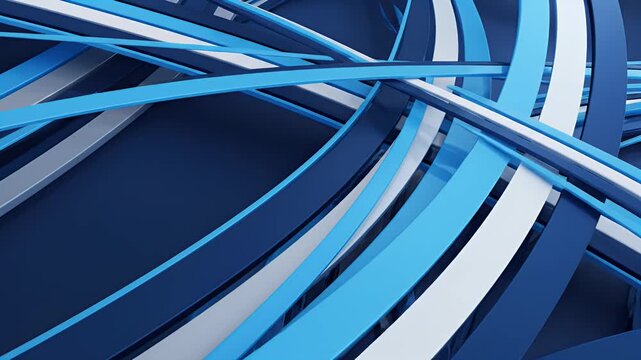 Abstract blue and white geometric shapes form a dynamic, layered composition