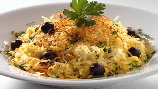 A classic Portuguese bacalhau &agrave; br&aacute;s shredded salt cod dish with eggs, crispy fried potatoes, black olives, and fresh parsley in a white bowl