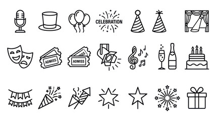Fototapeta premium Celebration party and event entertainment line icon set.