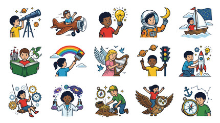 Obraz premium Children's Learning Exploration: Flat Vector Illustrations of Kids Engaged in Science, Art Discovery