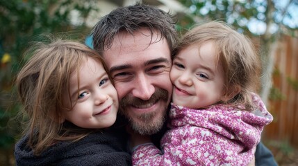 Fototapeta premium Father and daughters smile together outdoors on a sunny day while enjoying each other's company in a backyard setting with greenery and wooden fence in the background
