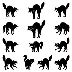 Obraz premium Set of angry hissing cats silhouettes in aggressive postures isolated on a white background