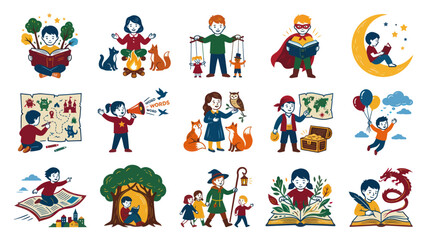 Naklejka premium Flat Illustration: Kids Reading, Learning Storytelling - Childhood Education Imagination Concepts