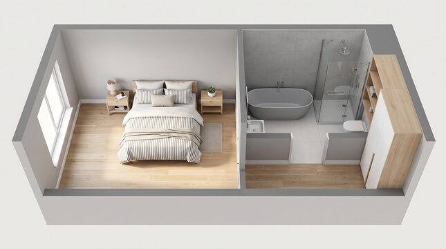 Modern bedroom interior with an openplan ensuite bathroom featuring a bathtub, shower, and wooden storage unit