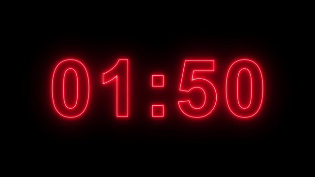 Neon 2 minute countdown animation from 120 seconds to 0 seconds on a transparent background, Neon two minute countdown timer with alpha channel.