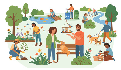Fototapeta premium Community Park Activities and Nature Stewardship Vector Illustration
