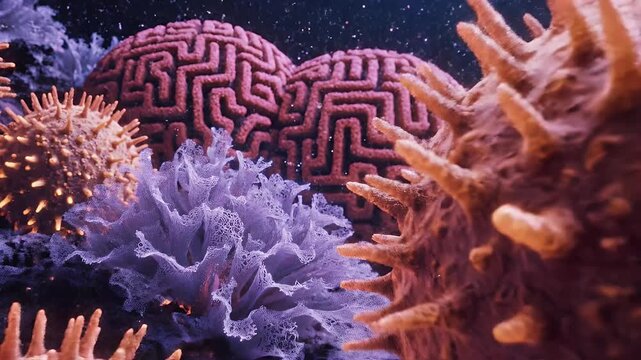 Macro view of spiky organic forms and brain-like structures