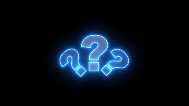 Question Mark Symbols Glowing in Blue Neon Style on Dark Black Background with Luminous Punctuation Icons Creating a Futuristic Abstract Visual Display