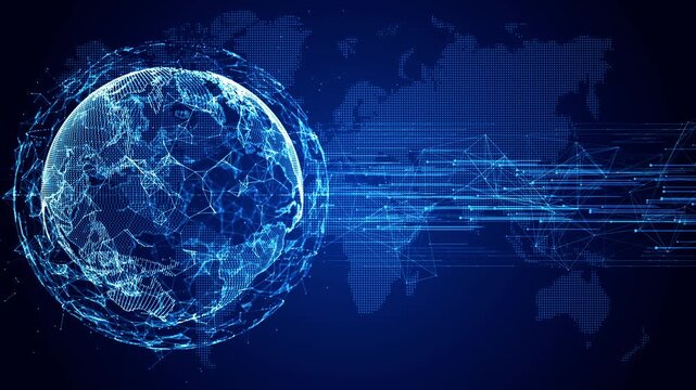 Global Network with Digital World Map. Connected Data Communication. Cloud Computing. Big Data Analytics. Internet Infrastructure and Technology Background. Animation 4K. 3D Rendering