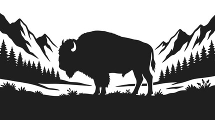 Bison silhouette in mountain valley landscape. © Sahabat