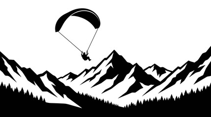Paraglider silhouette soaring above mountain range peaks © Sahabat