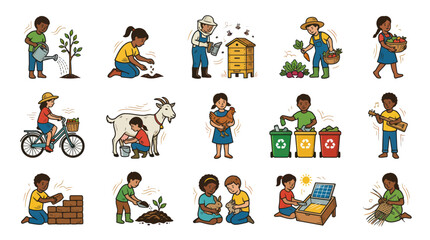 Fototapeta premium Kids Sustainable Living Activities Vector Cartoon for Childhood Education Eco-Friendly Agriculture