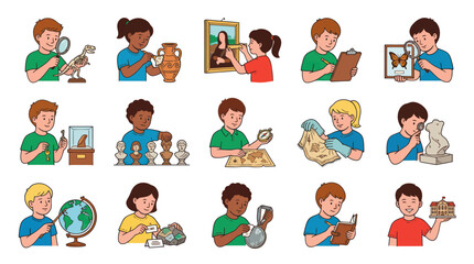 Fototapeta premium Cartoon Vector Illustration of Children Learning History and Archaeology in a Museum Setting