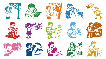 Obraz premium Children Exploring Nature Icons: Kids Observing Wildlife, Insects, Plants, Outdoors
