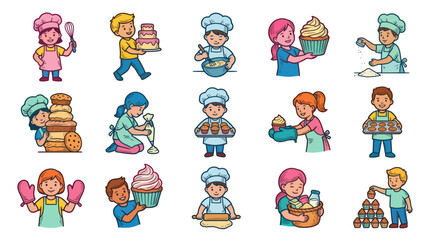 Fototapeta premium Children Baking Delicious Desserts Cartoon Flat Vector Illustration Set. Kids Chefs Cooking Cupcakes and Cakes.