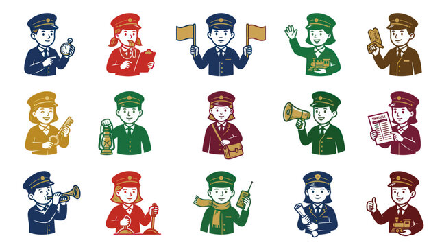 Railway Train Staff Flat Vector Characters. Transportation Workers, Conductors, and Station Masters Set with Tools.