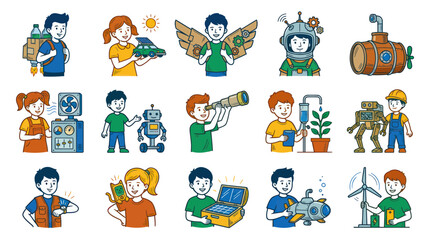Fototapeta premium Children STEM Education Flat Vector Illustration - Kids Exploring Science, Technology, Engineering, Innovation