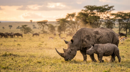 Fototapeta premium Rhino with Baby Grazing in Grassy Plains Landscape