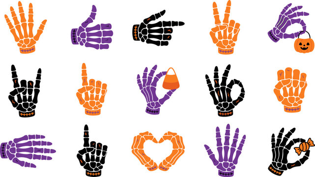 Halloween vector collection spooky skeleton hands gestures with jack o' lantern rock on and heart signs