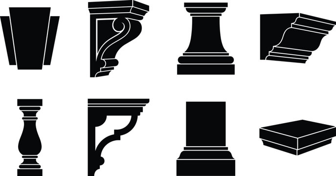Classical Architectural Architectural Elements Vector Icon Set Featuring Corbel Brackets Balusters Pillars and Pedestals Silhouette