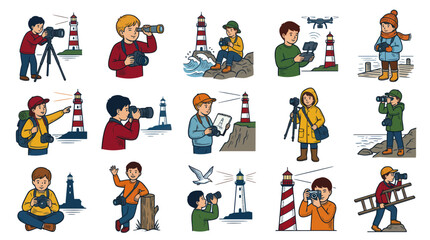 Fototapeta premium Cartoon Kids with Cameras and Lighthouses, Flat Vector Illustration