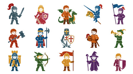 Fototapeta premium Colorful Flat Vector Medieval Fantasy Character Icons Set: Knights, Princesses, Wizards, Heroes