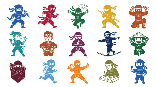 Diverse Cartoon Ninjas in Action Poses, Vector Art