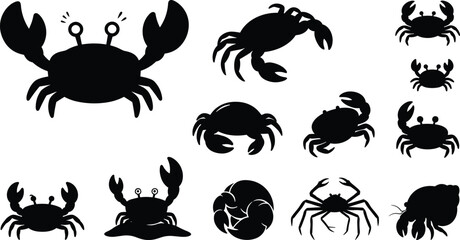 Crab silhouette icon set featuring cartoon sea crabs hermit crab spider crab and cancer zodiac symbol vector illustrations © nice