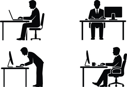 Businessman working at desk icon set featuring sitting side profile laptop usage front view computer and standing posture vector