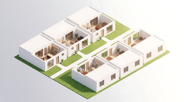 Isometric view of a modern residential complex with small detached houses and green lawns